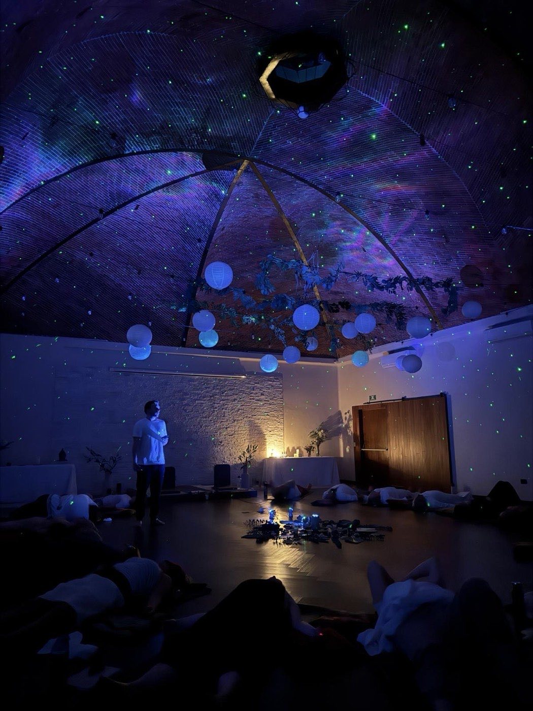 Purple-lit ceiling and retreat room