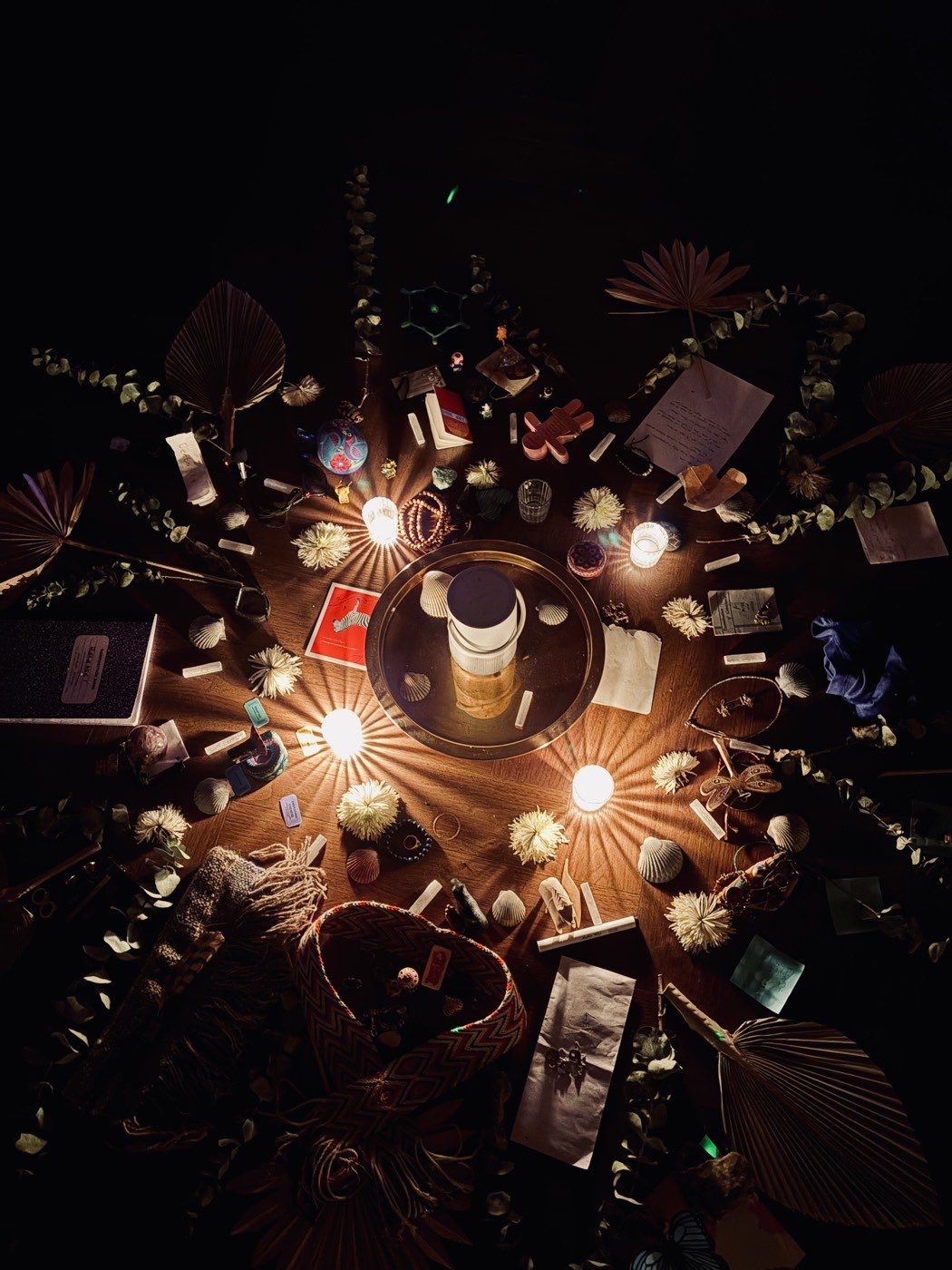 Overhead view of a candlelit circle